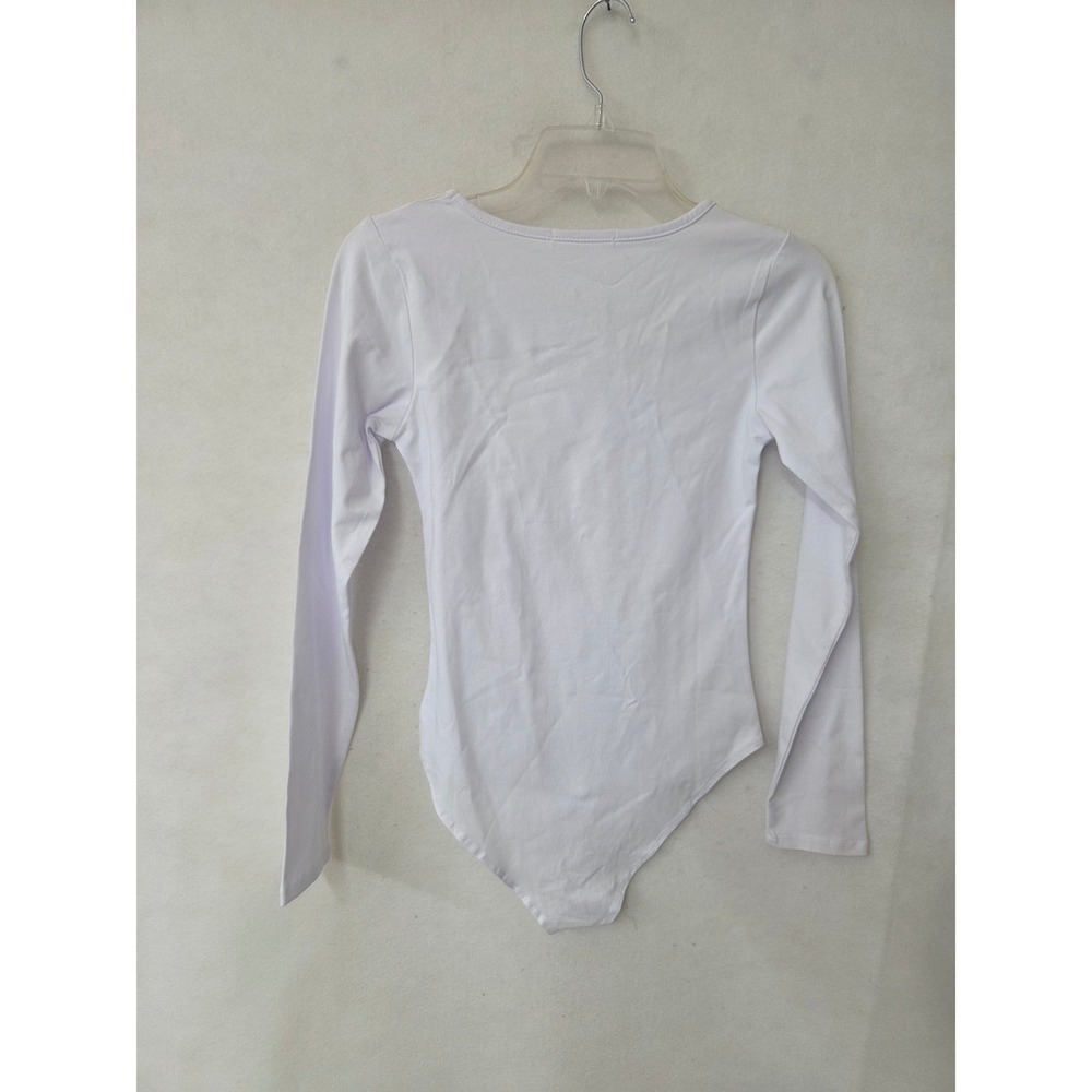 Mangopop White Long Sleeve Square Neck Bodice Snap Gusset Bodysuit Size M New - Picture 3 of 9